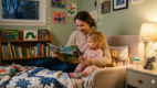 A caregiver reading a repetitive children’s book with a toddler, highlighting how predictable books support early language development.
