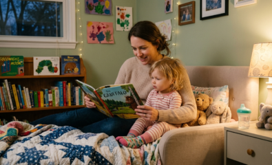 A caregiver reading a repetitive children’s book with a toddler, highlighting how predictable books support early language development.