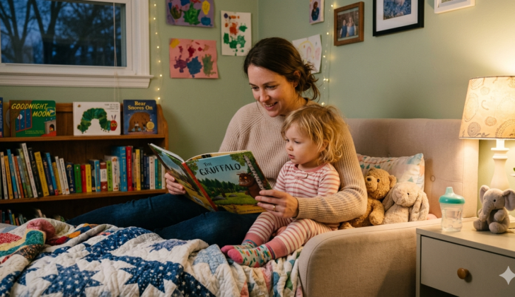 A caregiver reading a repetitive children’s book with a toddler, highlighting how predictable books support early language development.
