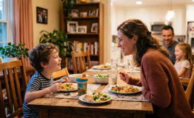 Positive, relaxed dinner conversations encourage children to participate and communicate.