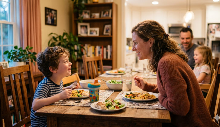 Positive, relaxed dinner conversations encourage children to participate and communicate.