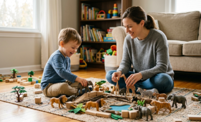 Pretend play with animals helps children build early storytelling and communication skills.