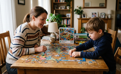 A parent and child working together to solve a puzzle while the child attempts solutions independently.