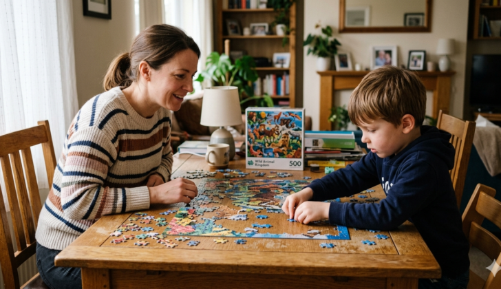 A parent and child working together to solve a puzzle while the child attempts solutions independently.