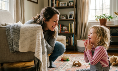 Parent encouraging eye contact naturally during play-based activities.