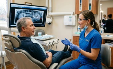 Dentist evaluating oral health concerns related to Ozempic side effects.