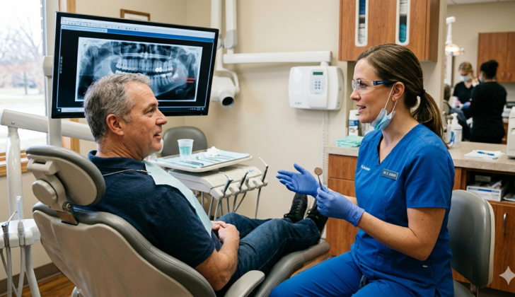 Dentist evaluating oral health concerns related to Ozempic side effects.