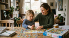 Parent encouraging a child during a challenging activity by praising effort, persistence, and problem-solving rather than the final result.