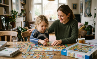 Parent encouraging a child during a challenging activity by praising effort, persistence, and problem-solving rather than the final result.