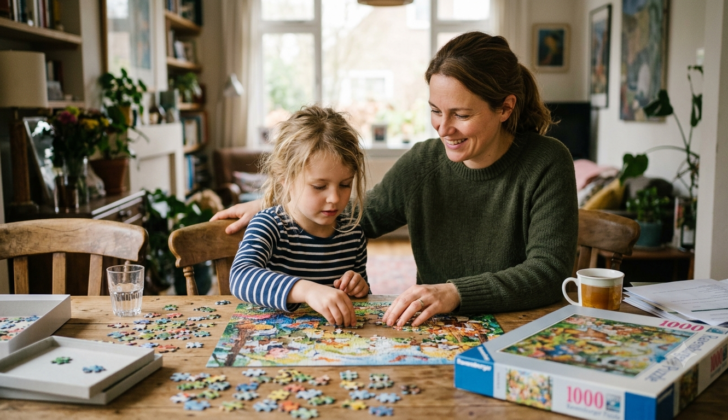Parent encouraging a child during a challenging activity by praising effort, persistence, and problem-solving rather than the final result.
