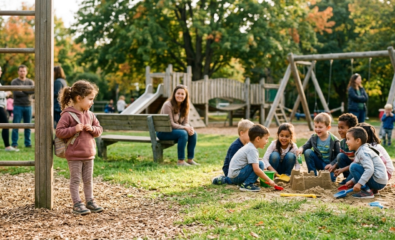 Shy child observing other children playing before joining a group activity at the playground.