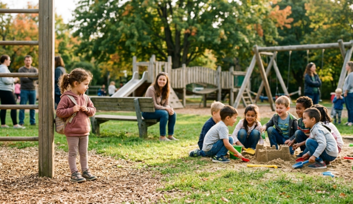 Shy child observing other children playing before joining a group activity at the playground.