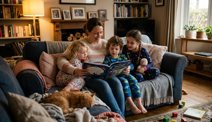 Parent teaching emotional vocabulary during story time.