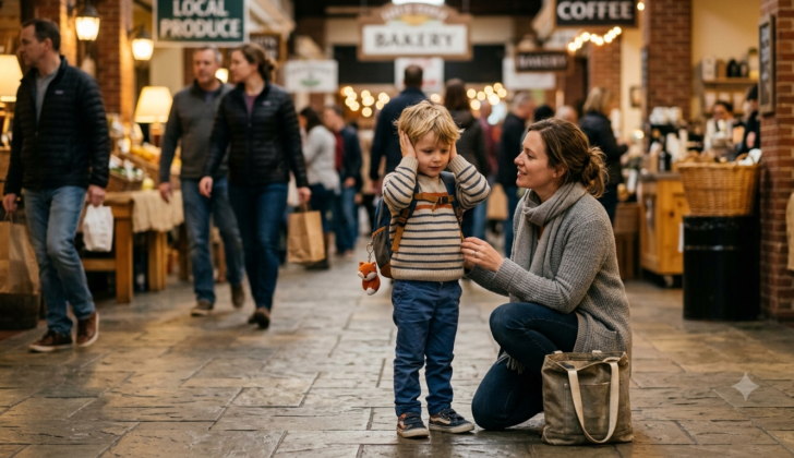 Child covering ears because of loud sounds while parent provides support