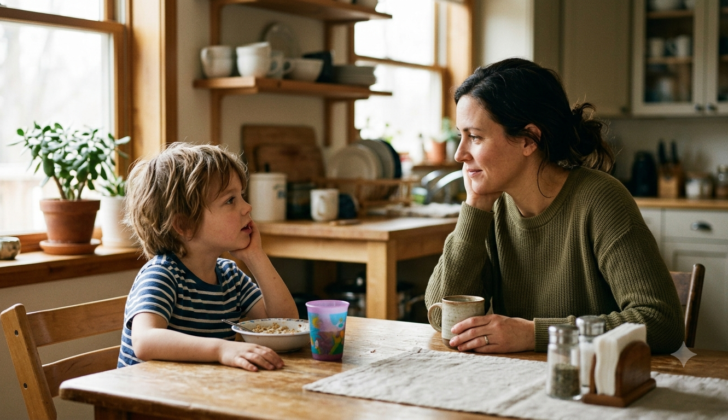 Parent helping child organize thoughts during a conversation