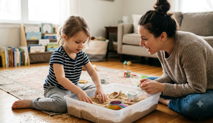 Child exploring a sensory bin while learning descriptive language