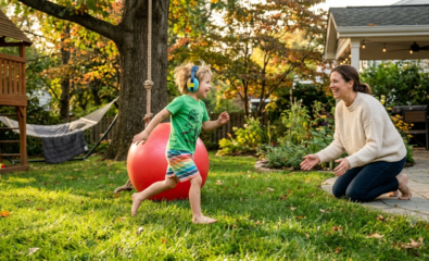 A young child actively playing and moving with a parent nearby, creating a warm, supportive scene that represents sensory needs and communication.