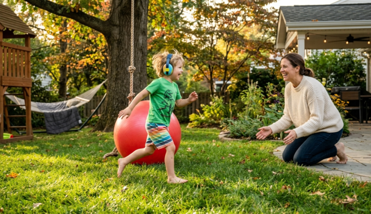 A young child actively playing and moving with a parent nearby, creating a warm, supportive scene that represents sensory needs and communication.