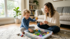 A parent gently helping a young child explore a sensory bin filled with colorful rice while smiling and talking together in a calm home environment.
