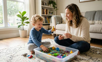 A parent gently helping a young child explore a sensory bin filled with colorful rice while smiling and talking together in a calm home environment.