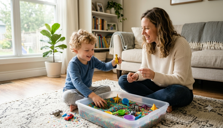 A parent gently helping a young child explore a sensory bin filled with colorful rice while smiling and talking together in a calm home environment.