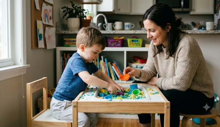 Young child engaging in sensory play with a parent to support speech and language development