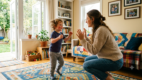 Parent playing an attention and self-regulation game with a young child