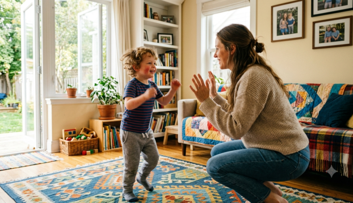 Parent playing an attention and self-regulation game with a young child