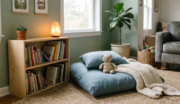 Simple calm-down corner for kids in a family room