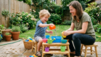 Young child playing with water while practicing language through play