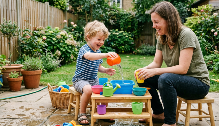 Young child playing with water while practicing language through play